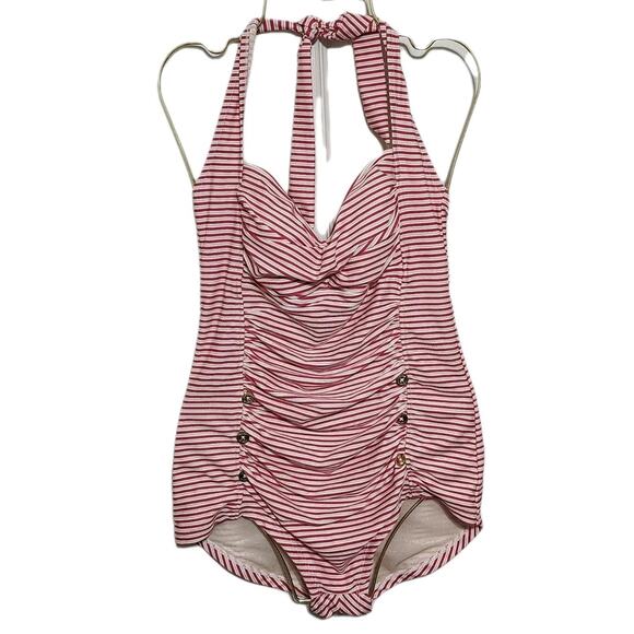 Betsey Johnson Red White & Gold Dot Striped Vintage Style Swimsuit Medium - Picture 2 of 8